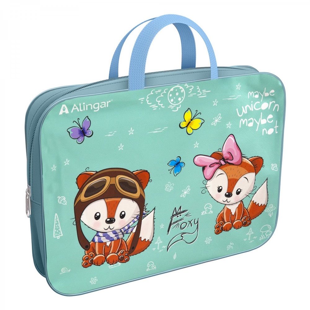 Папка с ручками 1 отделение, А4 260х340х80 мм, Alingar, ПВХ, ручки тесьма, дизайн с одной стороны, молния сверху, внутр. карман, "Лисята"