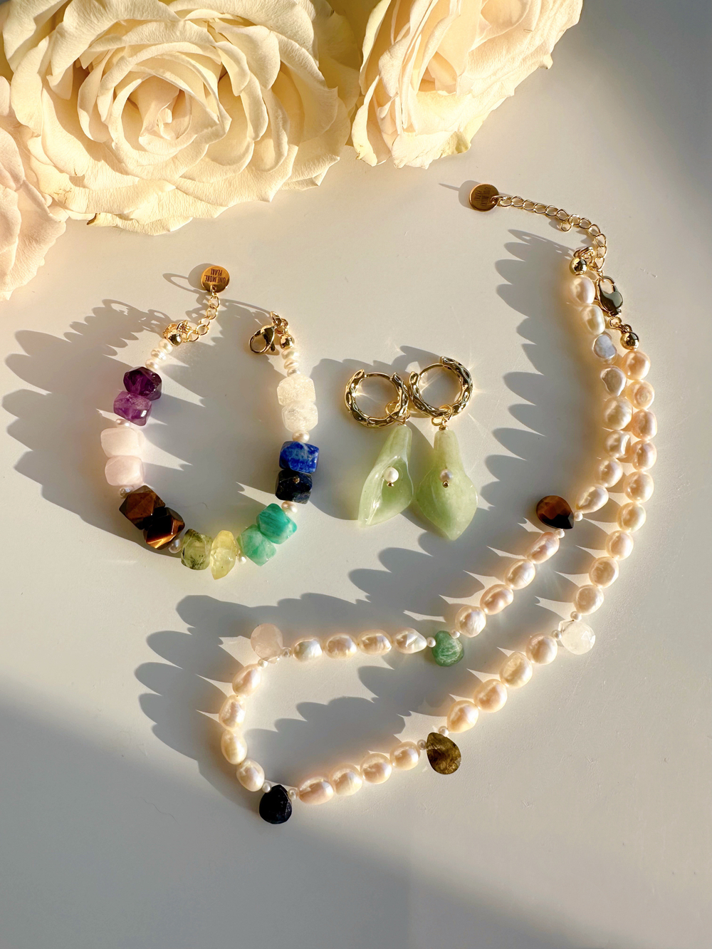 Серьги Бутоны из авантюрина и жемчуга