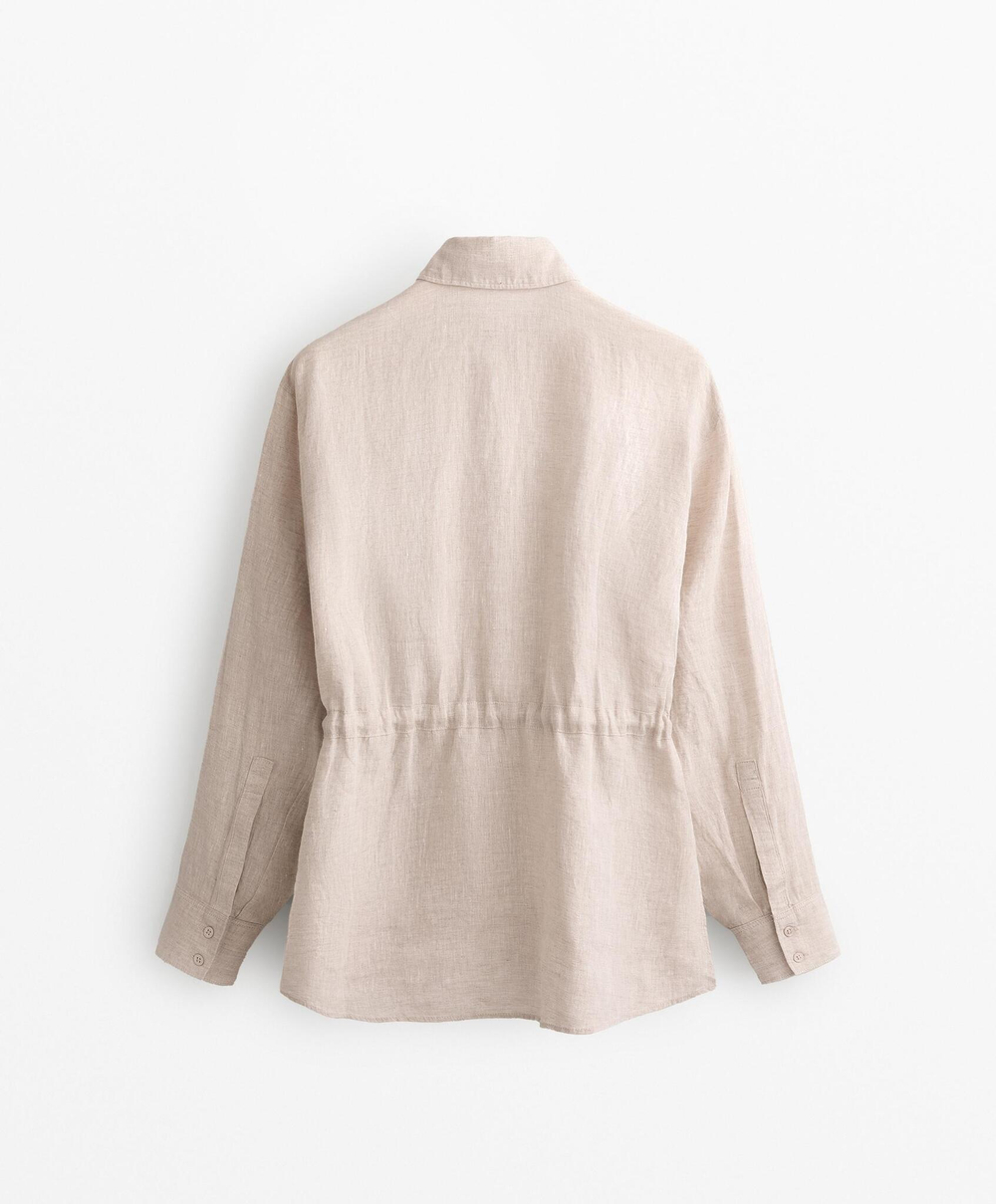 Oysho Длинная льняная рубашка, песочный меланж