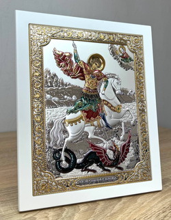 Георгий Победоносец, икона прямоугольная с рамкой, белое дерево, эмаль 210х260