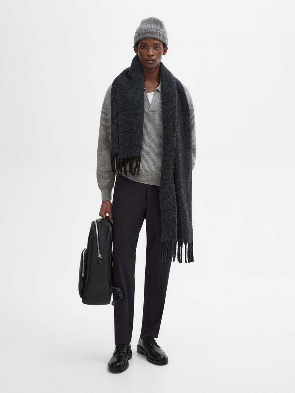 Massimo Dutti Свитер из шерстяного трикотажа с воротником-поло, серый