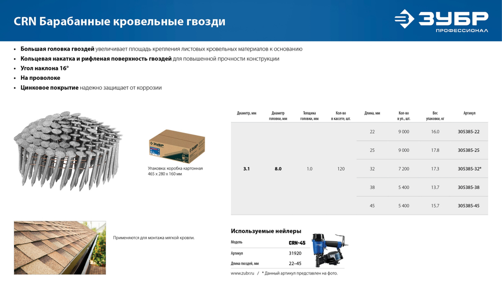 ЗУБР CRN 32 х 3.1 мм, барабанные гвозди кровельные оцинкованные, 7200 шт (305385-32)