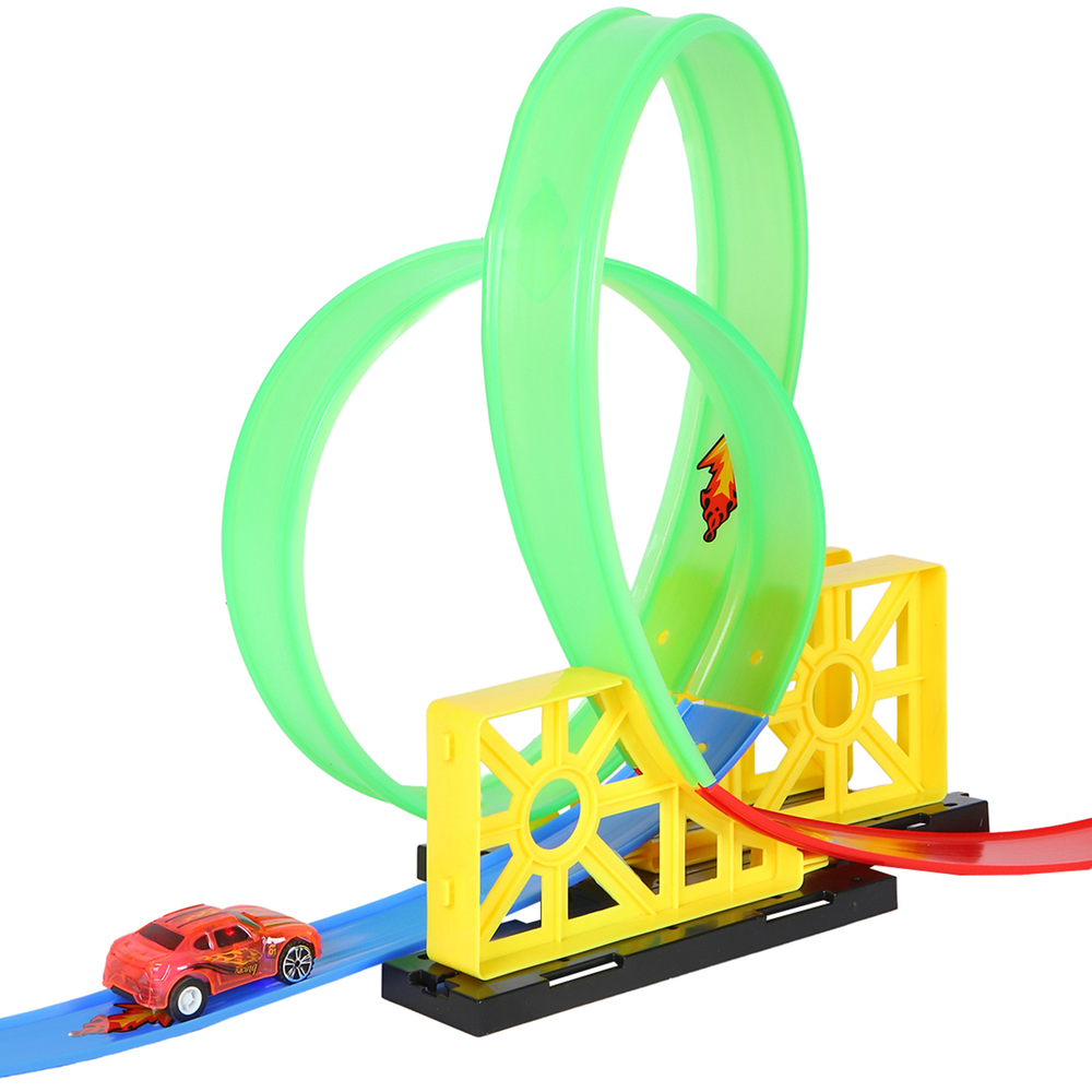 0404295/Трек со светом с пусковым устройством, 2 мертвые петли, трамплин и "пропеллер" + 2 инерц. м