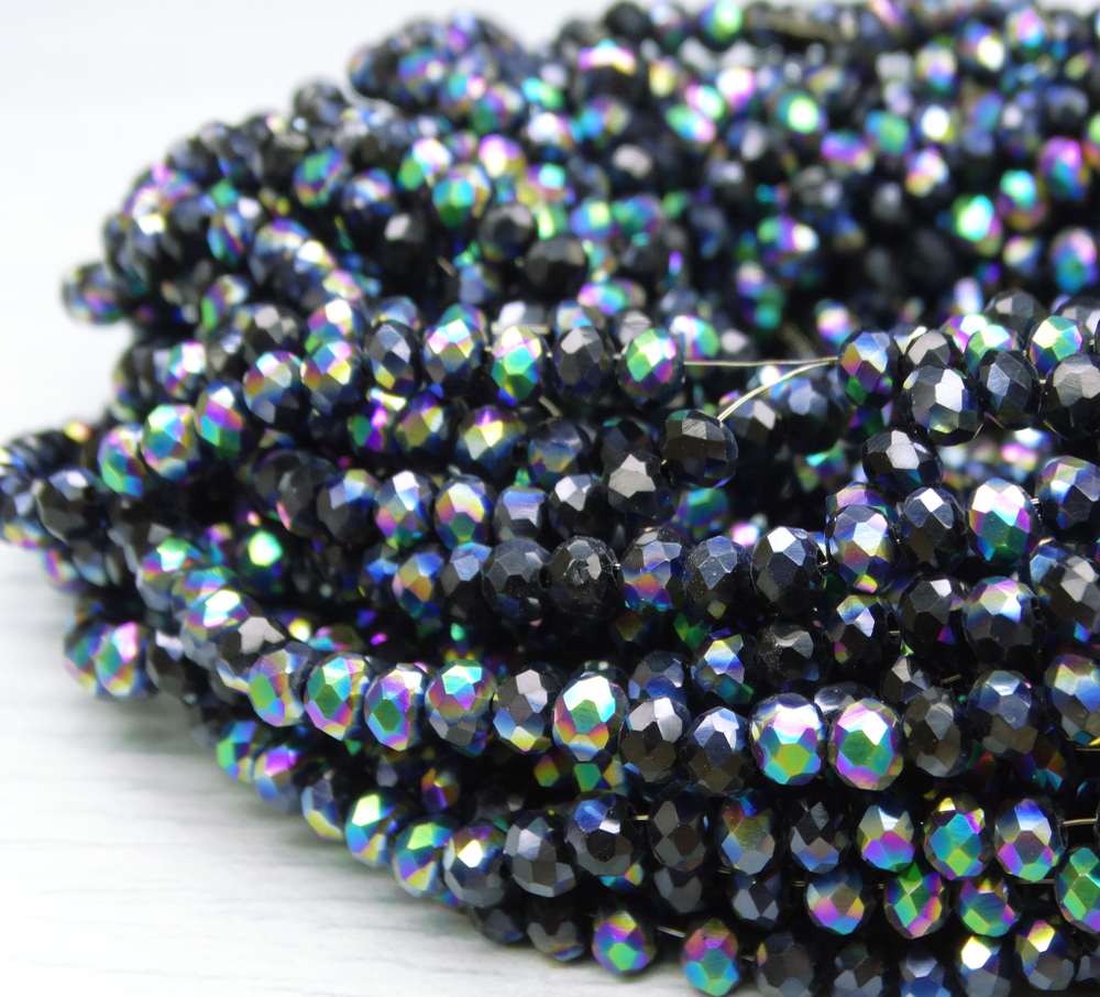 БН008ДН34 Хрустальные бусины "рондель", черный c цв. AB непрозрачный, 3х4 мм, кол-во: 95-100 шт.