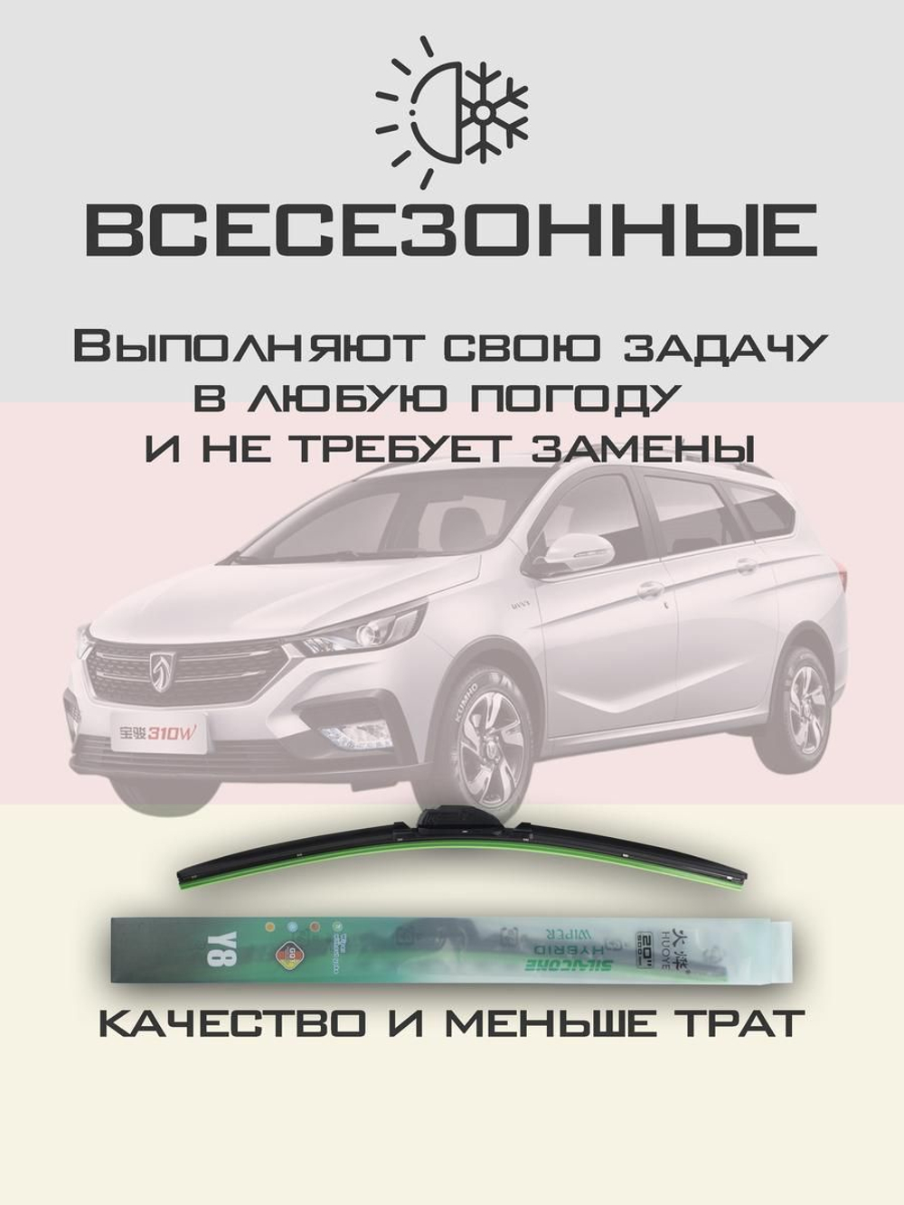 Щетки стеклоочистителя HUOYE Y8 600/400 мм на Baojun 310 | Hook/J-Hook