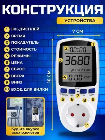 Ваттметр цифровой в розетку для измерения мощности. Счетчик электроэнергии