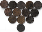 Набор медных монет 1810-1828 года (13 монет) 2 копейки (F-VF)