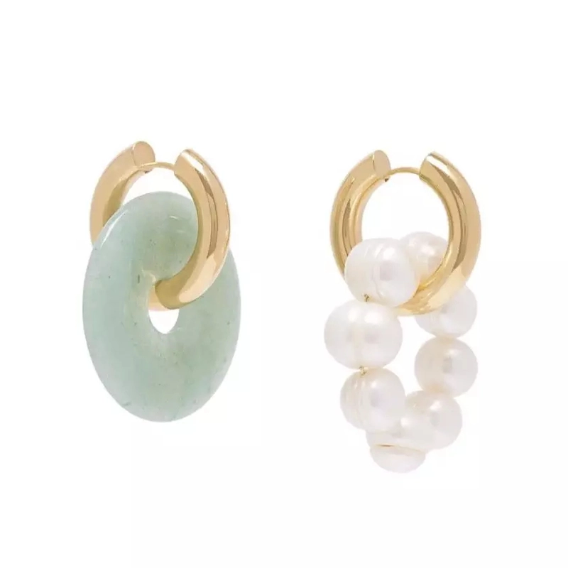 Серьги Несовпадающие Нефрит и Жемчуг – Зеленые