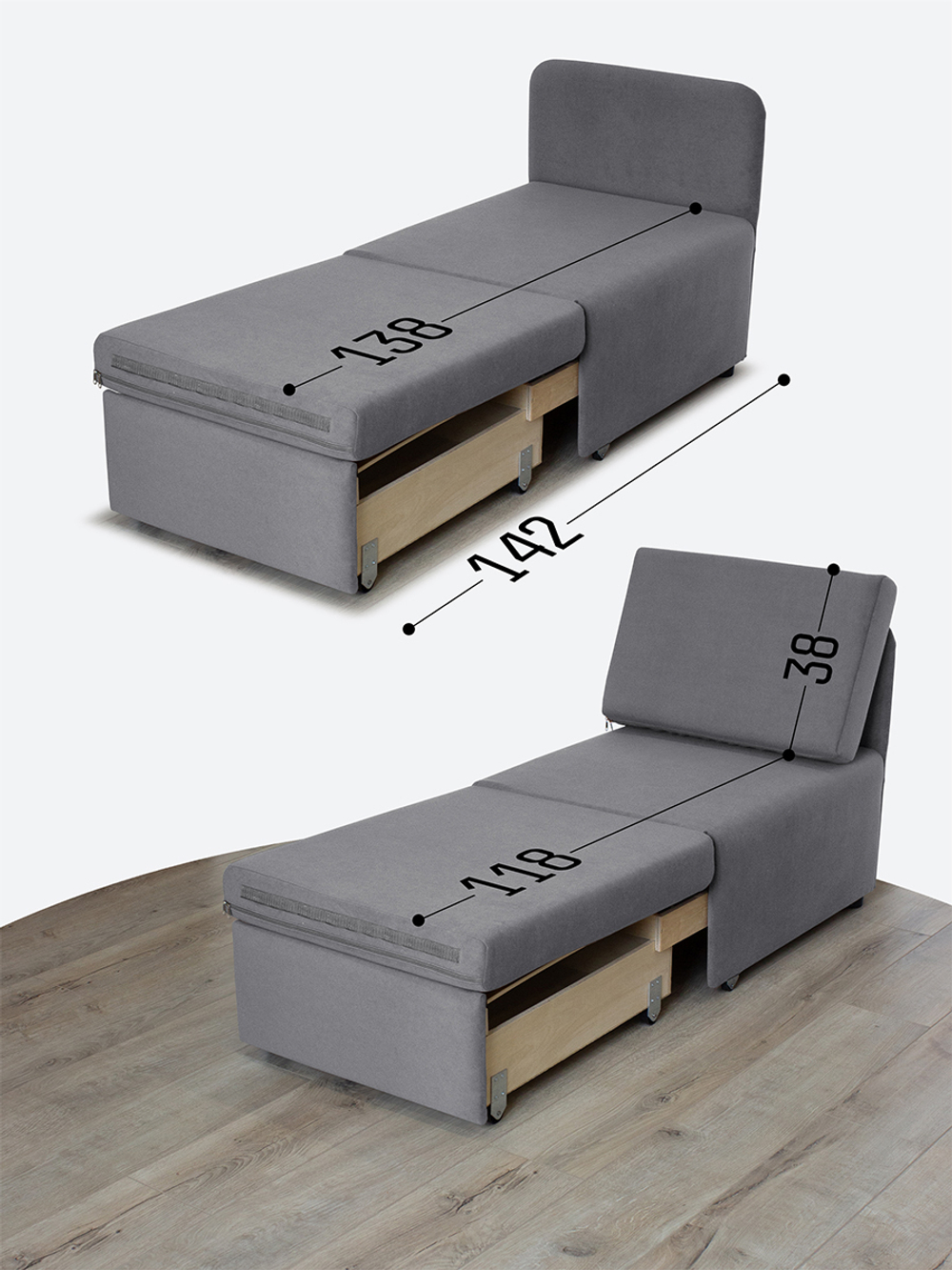 Кресло-кровать "Миник" 60 см, спальное место 60х176 см, велюр Desert Light Grey