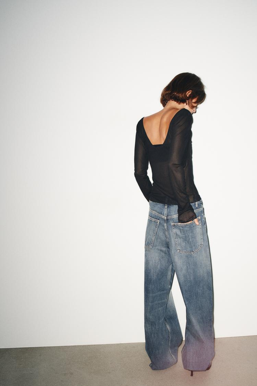 ZARA ПОЛУПРОЗРАЧНЫЙ ТОП С ДЛИННЫМИ РУКАВАМИ, ЧЕРНЫЙ