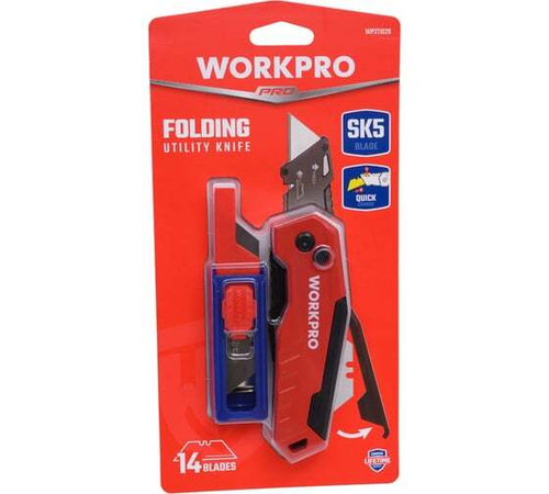 Нож алюминиевый складной WORKPRO быстрое открытие, красный WP211026