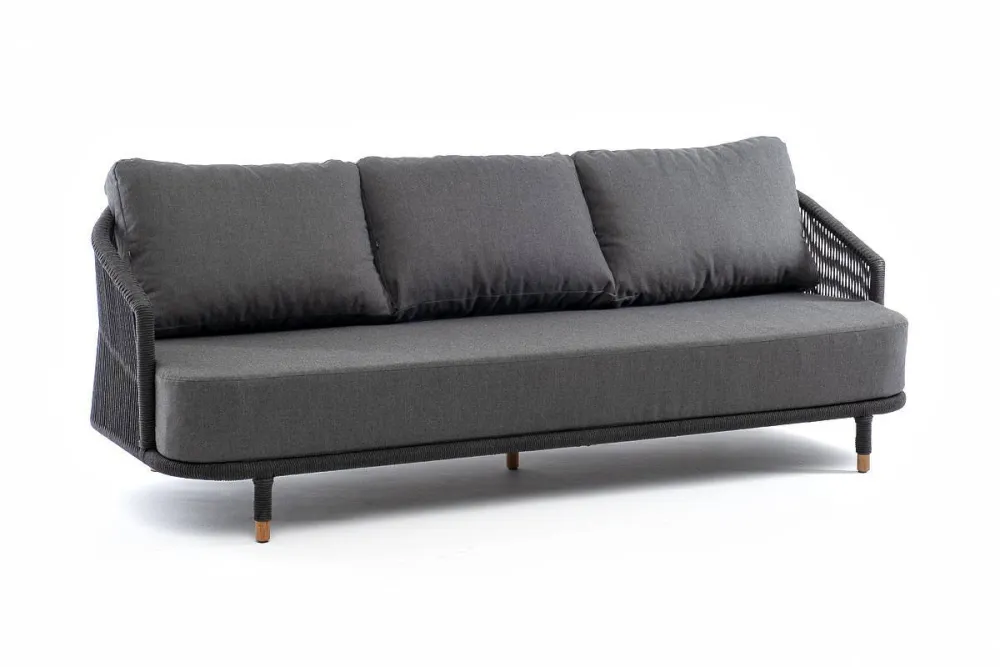 "Верона" диван 3-местный плетеный из роупа, каркас алюминий темно-серый (RAL7024) муар, роуп темно-серый круглый, ткань темно-серая 027