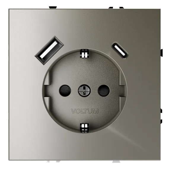 Розетка встраиваемая VOLTUM S70 с заземлением и защитными шторками, 16А, с USB, A+С, (шелк)
