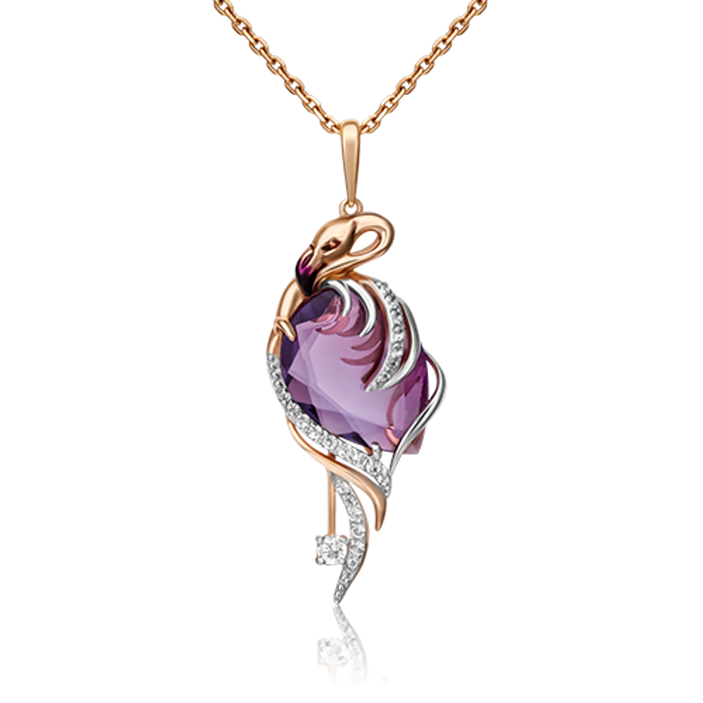 Подвеска «Фламинго» из красного золота с аметистом, натуральными топазами white и эмалью