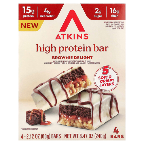 Atkins, высокопротеиновый батончик, брауни, 4 батончика по 60 г (2,12 унции)