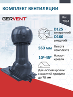 Комплект активной вентиляции: Вентиляционный выход изолированный Ø 125/160 мм высота H-500 серия Static, проходной элемент универсальный кровельный (Universal) серия Static, дефлектор статический (колпак) Ø 160 мм серии Static, серый-графит Gervent