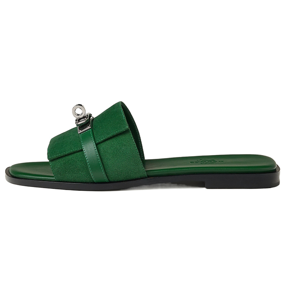 Hermes Giulia leather classic palladium-plated shoe buckle one-word slippers women's green, H232130Z I0