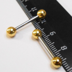 Штанга 14 мм с золотистыми шариками 5 мм, толщиной 1,6 мм для пирсинга языка. Медицинская сталь. 1 шт