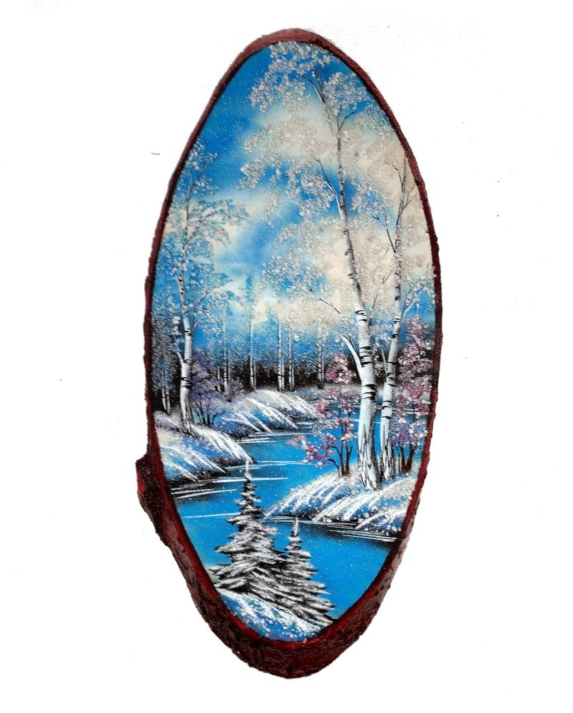 Картина на срезе дерева &quot;Зимняя река 2&quot; 50-55 см 1100гр