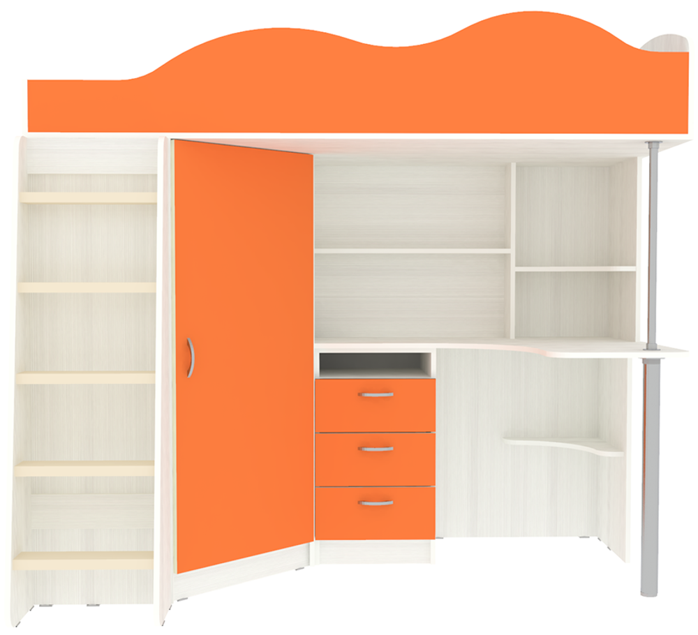 Кровать-чердак КарИВи Пионер с деревянной лестницей Белое Дерево Оранжевый
