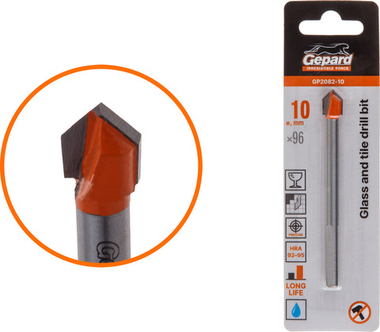 Сверло по кафелю/стеклу 10x96 мм трехгр. хвостовик GEPARD (GP2082-10)