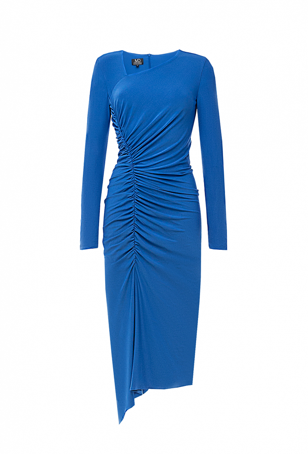 Трикотажное платье с фигурным вырезом синее 04-03-23 SS