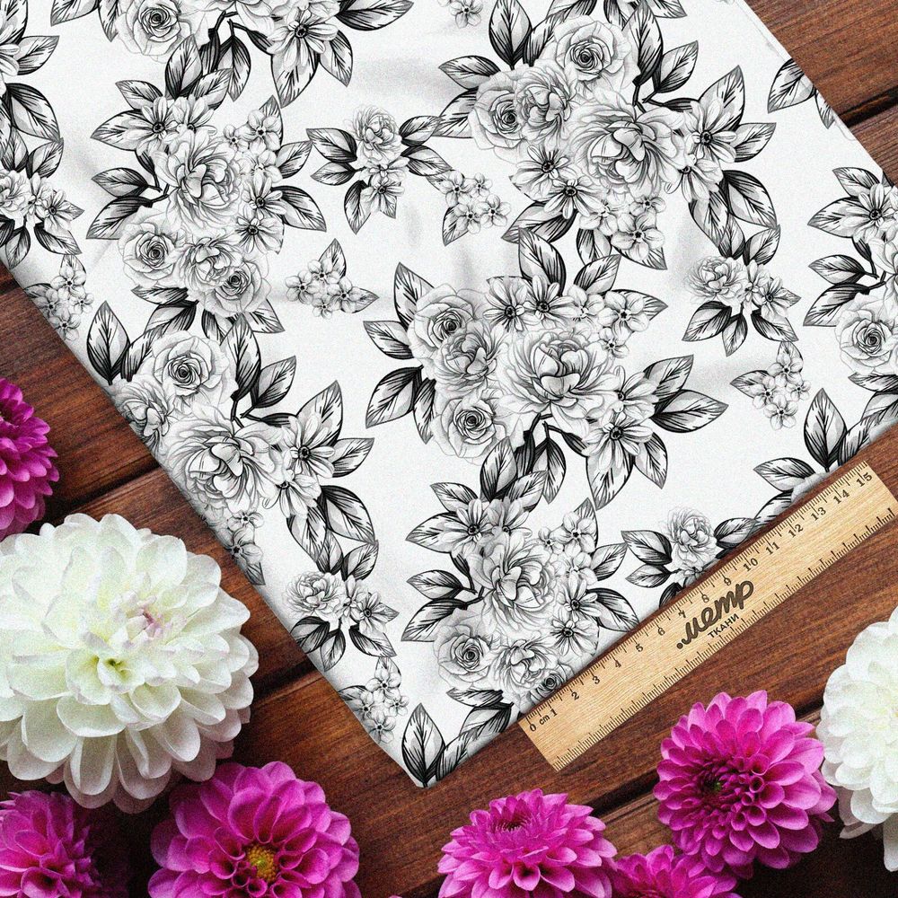 Ткань шелк Армани черно-белые бутоны цветов