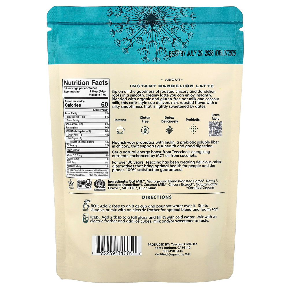 Teeccino, растворимый травяной латте, смесь из одуванчиков, без кофеина, 224 г (7,9 унции)