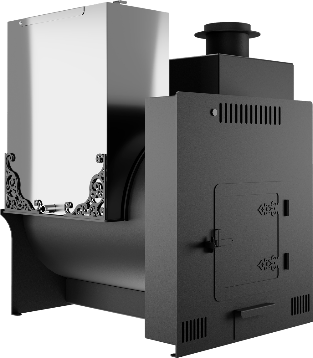 Печь для бани на три помещения Матрёна-20 с открытой каменкой и баком для воды слева.