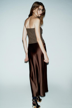 ZARA АТЛАСНАЯ ЮБКА МИДИ, КОРИЧНЕВЫЙ