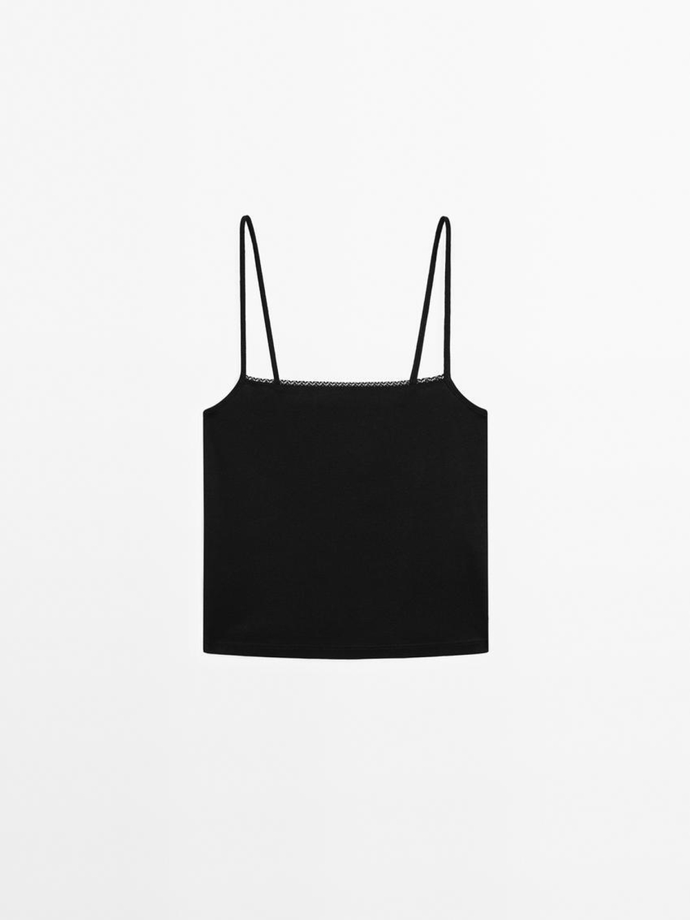 Massimo Dutti Трикотажный топ на бретелях с кружевом, черный