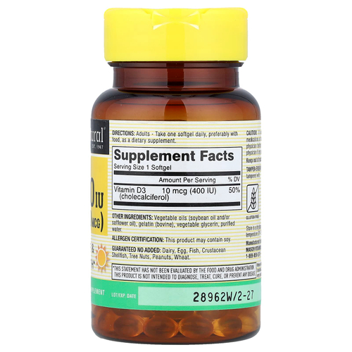 Mason Natural, Витамин D3, 10 мкг (400 МЕ), 100 мягких таблеток