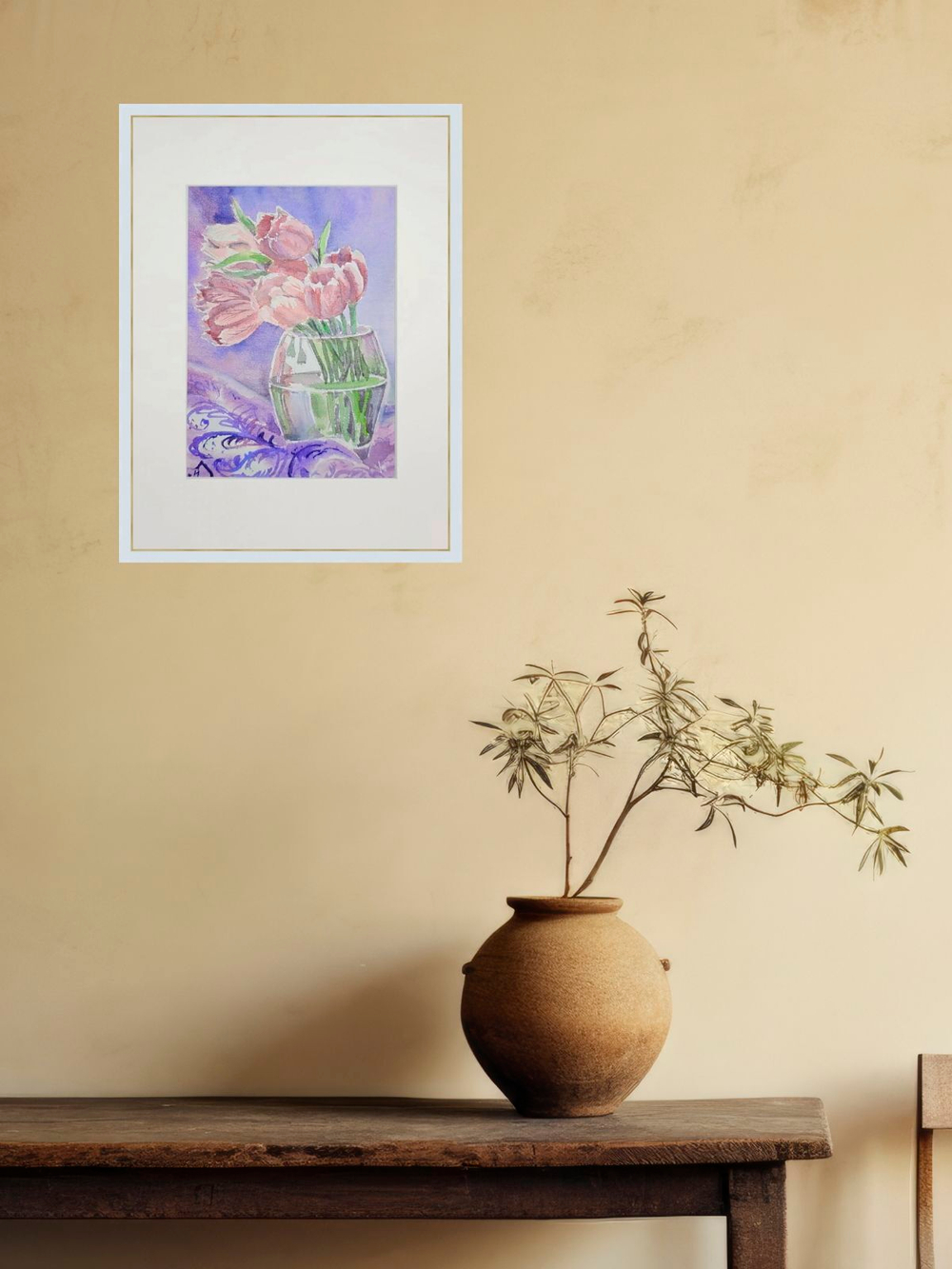 Картина авторская акварельная в паспарту 21х30 см на стену для интерьера "Тюльпаны"