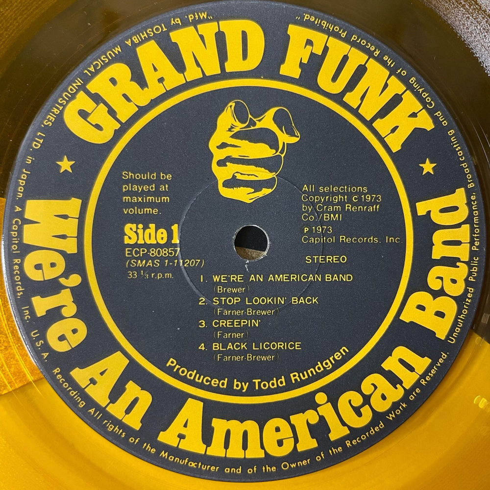 Винтажная виниловая пластинка LP Grand Funk Railroad We're An American Band (Japan 1973) (No Obi) (Gold Vinyl)