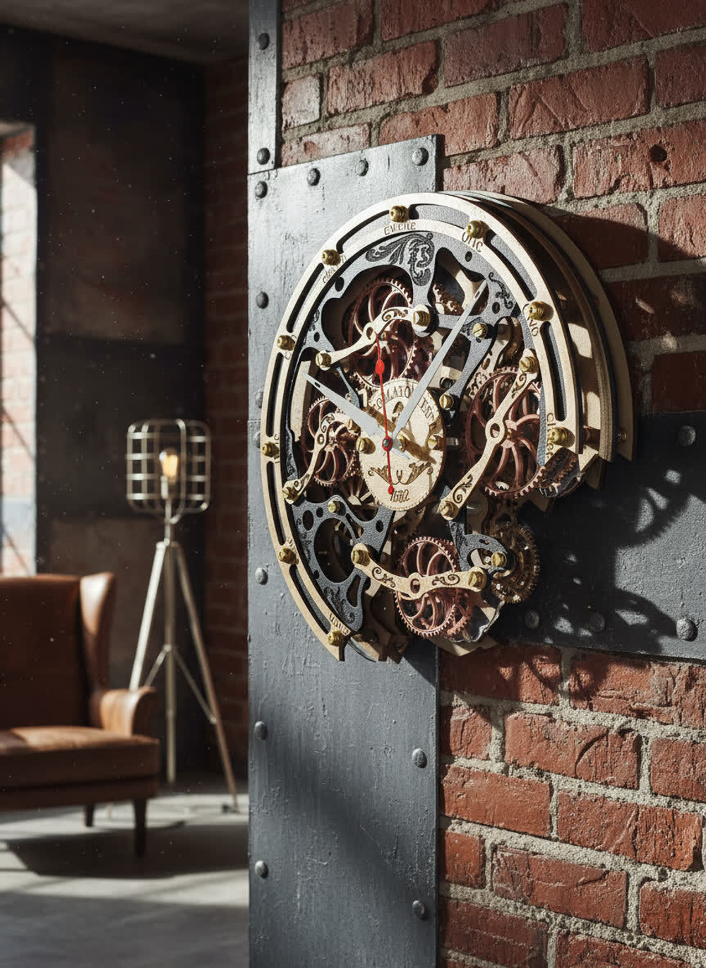 Настенные часы WOODandROOT Automaton Bite 1682 на кирпичной стене с металлической панелью, индустриальный стимпанк-декор