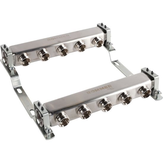 Коллектор Rommer 1"x3/4" на 5 контуров для радиаторной разводки (нерж. сталь) RMS-4401-000005