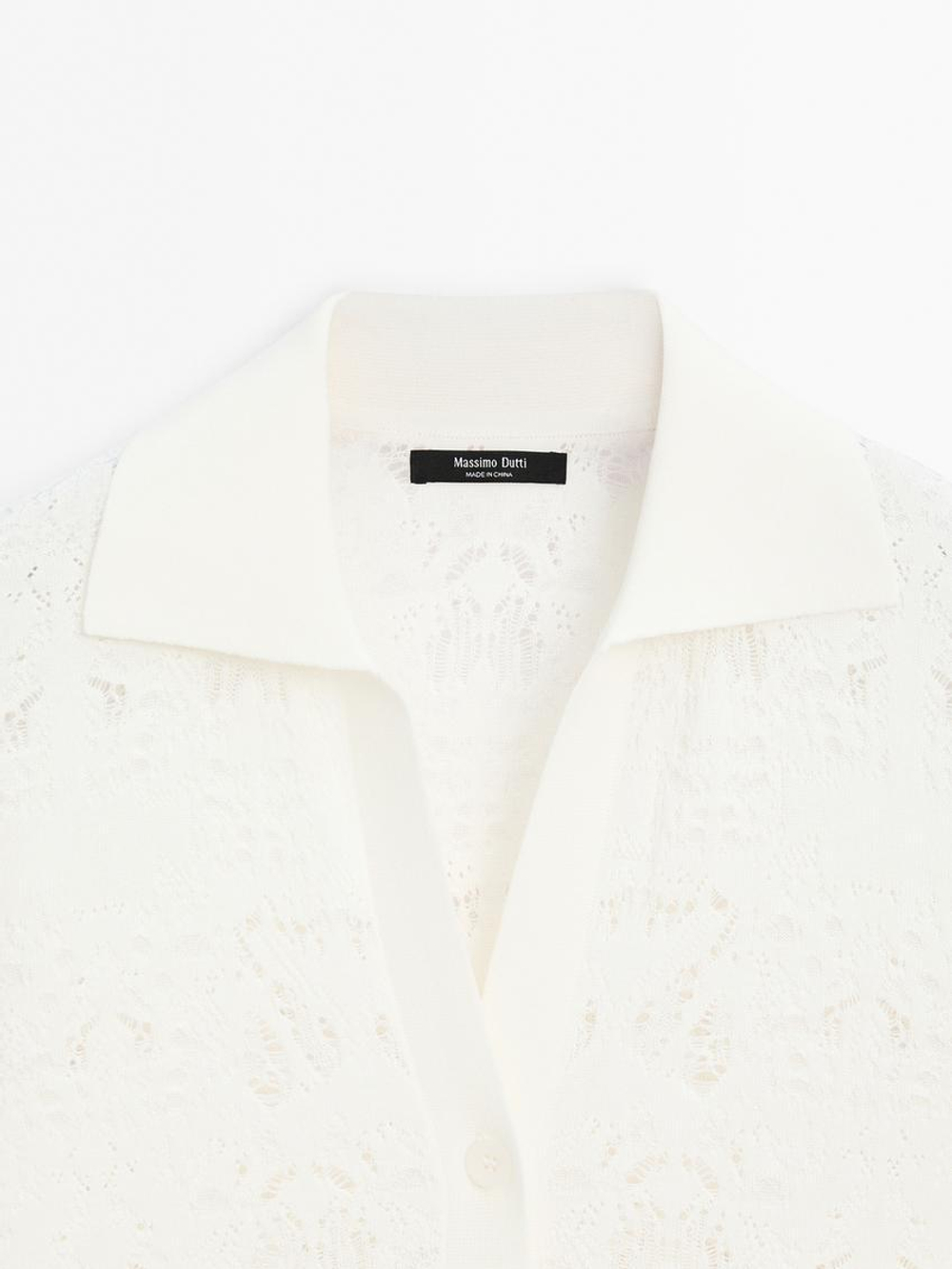 Massimo Dutti Кардиган из ажурного трикотажа с короткими рукавами, натуральный, кремовый