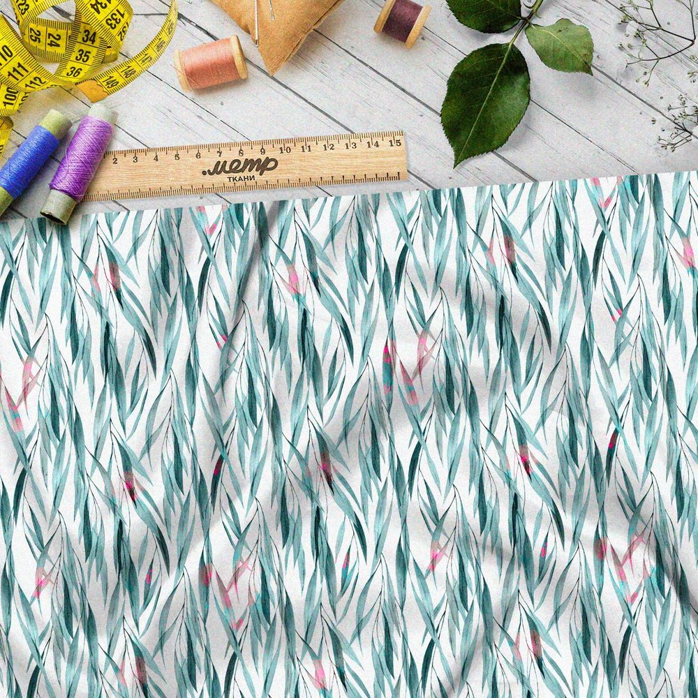 Ткань шелк Армани плотные синеватые листья ивы на белом фоне