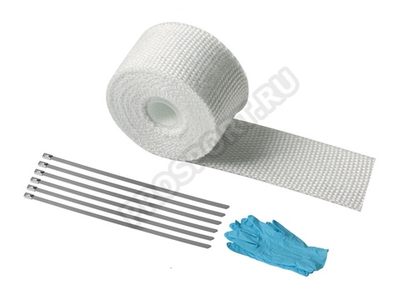 Термолента для глушителя белая 1mm*50mm*5m,с 6 хомутами и перчатками, стекловолокно