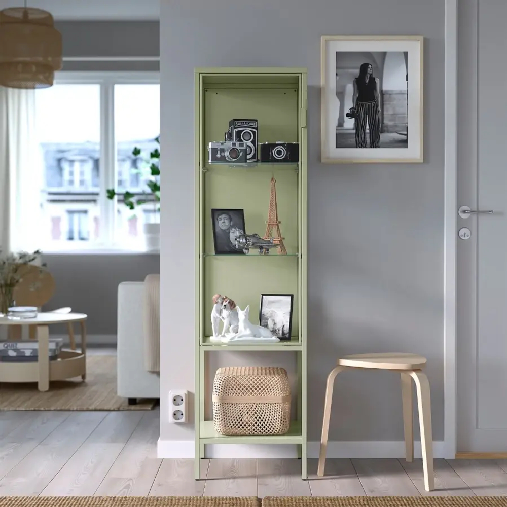 Шкаф со стеклянными дверцами  - RUDSTA IKEA/ РУДСТА ИКЕА, 42x37x155 см, светло-зелёный/прозрачный