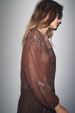 ZARA БЛУЗА ИЗ ЖОРЖЕТА С ВЫШИВКОЙ И БУСИНАМИ, КОРИЧНЕВЫЙ