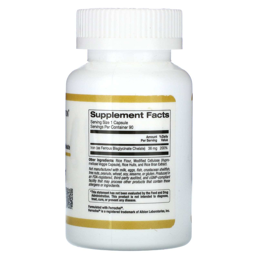 California Gold Nutrition, Ferrochel, железо (бисглицинат), 36 мг, 90 вегетарианских капсул