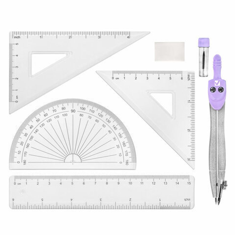 Готовальня BRAUBERG SCHOOL KIT, 8 предметов, циркуль 115 мм, чертежные принадлежности, лавандовый цвет, 210703