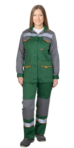 Костюм СИРИУС-УДАРНИЦА женский, куртка, п/к, зеленый со средне-серым с оранжевой отделкой и СОП