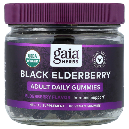 Gaia Herbs, Ежедневные жевательные мармеладки для поддержки иммунитета бузины, 80 веганских жевательных конфет