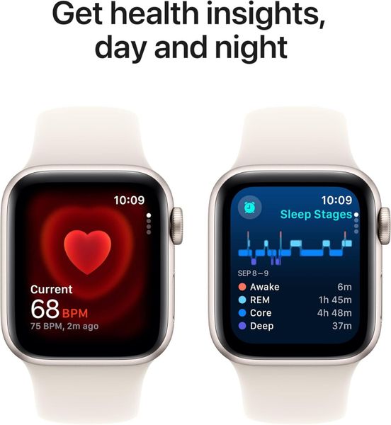Умные часы Apple Watch SE 2024 44 мм из алюминия цвета «сияющая звезда», спортивный ремешок «сияющая звезда» (S/M)