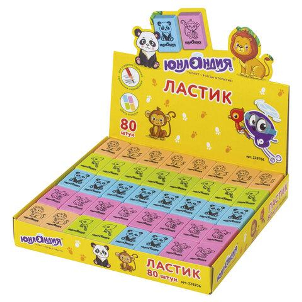 Ластик 28х18х10мм. прямоугольный "Зверушки" (Юнландия)