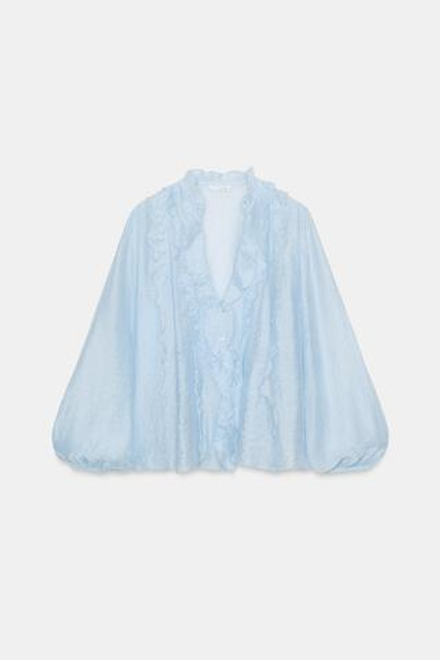 ZARA БЛУЗА С ВОЛАНАМИ, НЕБЕСНО-ГОЛУБОЙ