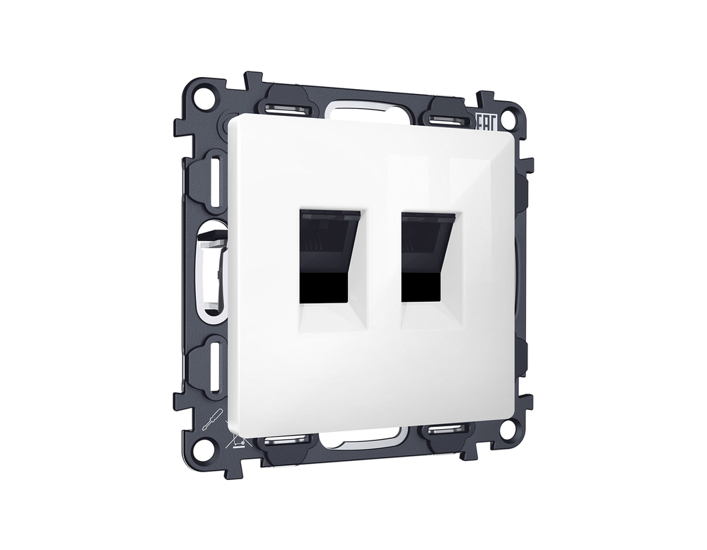 MA112110 Комплект механизма компьютерной двойной розетки RJ-45 с автоматической защитной шторкой ALFA Белый глянец QUANT (AP1121, VM189)