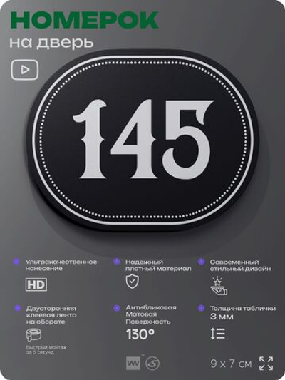 Номерок на дверь квартиры 145, для кабинета, офиса, шильдик 9 х 7 см, черный, Айдентика Технолоджи